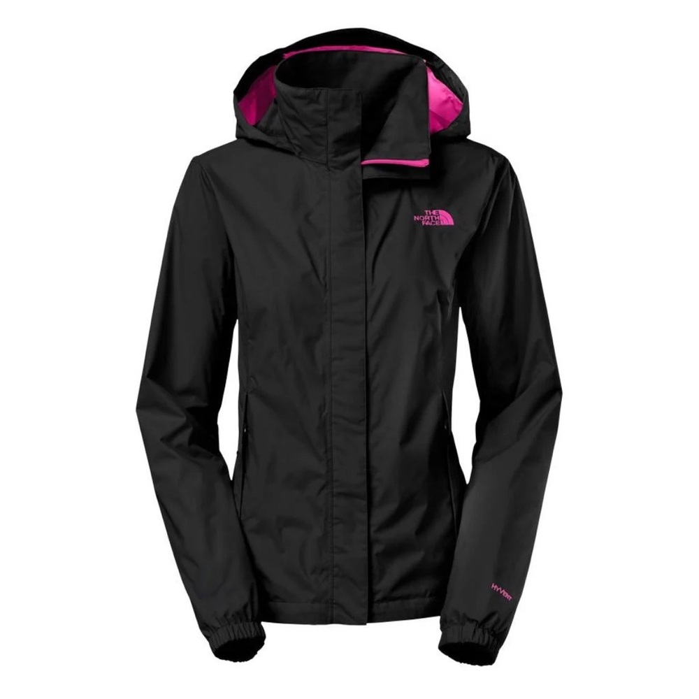 The North Face Women's Black Rain Jacket with Pink Accents - Size Small